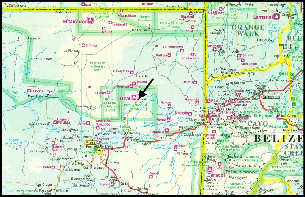 map showing location of Tikal